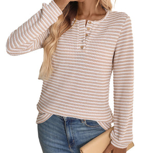 European And American Pineapple Grid Casual Button Round Neck T-shirt Knitted Long Sleeve