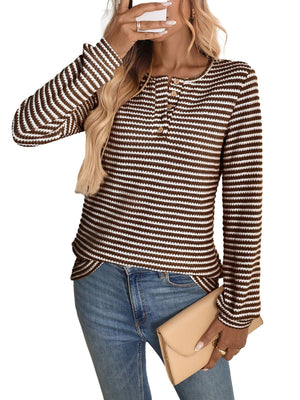 European And American Pineapple Grid Casual Button Round Neck T-shirt Knitted Long Sleeve