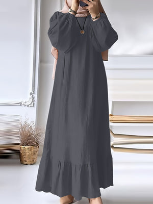 Fashion Solid Color Round Neck Ruffled Long Sleeve Dress