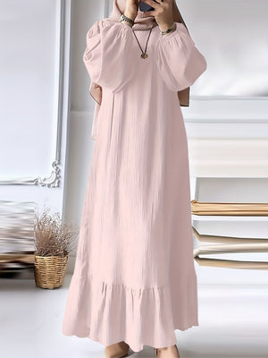 Fashion Solid Color Round Neck Ruffled Long Sleeve Dress