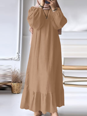 Fashion Solid Color Round Neck Ruffled Long Sleeve Dress
