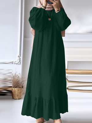 Fashion Solid Color Round Neck Ruffled Long Sleeve Dress