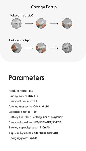 QCY T13 Bluetooth Headphone V5.1 Wireless TWS Earphone Touch Control Earbuds 4 Microphones ENC HD Call Headset Customizing APP