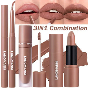 3PCS Matte Lipstick Set Nude Brown Velvet Liquid Lip Gloss Waterproof Non-stick Cup Lip Liner Plumper 24HR Lasting Not Easy Fade