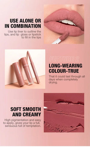 3PCS Matte Lipstick Set Nude Brown Velvet Liquid Lip Gloss Waterproof Non-stick Cup Lip Liner Plumper 24HR Lasting Not Easy Fade