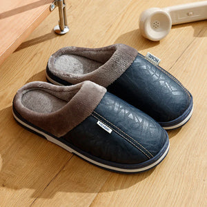 Mens Winter Slippers PU Leather Waterproof Indoor House Shoes Big Size Warm Fur Lined Home Bedroom Slippers