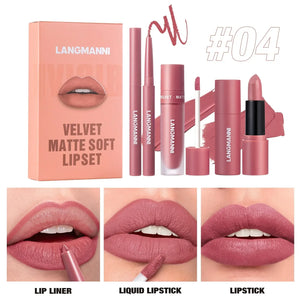 3PCS Matte Lipstick Set Nude Brown Velvet Liquid Lip Gloss Waterproof Non-stick Cup Lip Liner Plumper 24HR Lasting Not Easy Fade