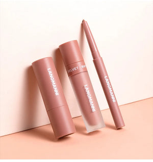 3PCS Matte Lipstick Set Nude Brown Velvet Liquid Lip Gloss Waterproof Non-stick Cup Lip Liner Plumper 24HR Lasting Not Easy Fade