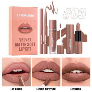 3PCS Matte Lipstick Set Nude Brown Velvet Liquid Lip Gloss Waterproof Non-stick Cup Lip Liner Plumper 24HR Lasting Not Easy Fade