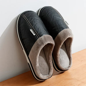 Mens Winter Slippers PU Leather Waterproof Indoor House Shoes Big Size Warm Fur Lined Home Bedroom Slippers