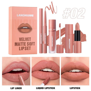 3PCS Matte Lipstick Set Nude Brown Velvet Liquid Lip Gloss Waterproof Non-stick Cup Lip Liner Plumper 24HR Lasting Not Easy Fade