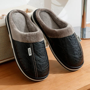 Mens Winter Slippers PU Leather Waterproof Indoor House Shoes Big Size Warm Fur Lined Home Bedroom Slippers