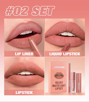 3PCS Matte Lipstick Set Nude Brown Velvet Liquid Lip Gloss Waterproof Non-stick Cup Lip Liner Plumper 24HR Lasting Not Easy Fade
