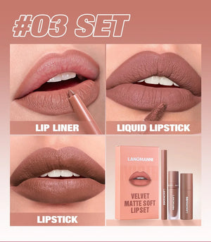 3PCS Matte Lipstick Set Nude Brown Velvet Liquid Lip Gloss Waterproof Non-stick Cup Lip Liner Plumper 24HR Lasting Not Easy Fade