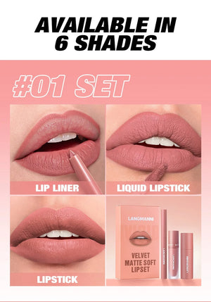 3PCS Matte Lipstick Set Nude Brown Velvet Liquid Lip Gloss Waterproof Non-stick Cup Lip Liner Plumper 24HR Lasting Not Easy Fade