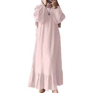 Fashion Solid Color Round Neck Ruffled Long Sleeve Dress