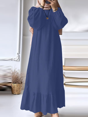 Fashion Solid Color Round Neck Ruffled Long Sleeve Dress