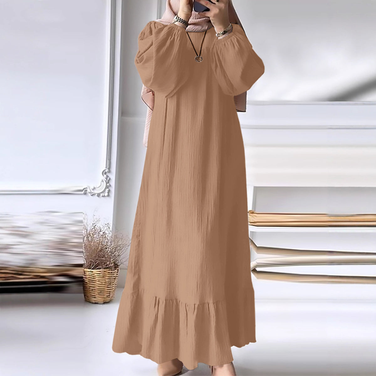 Fashion Solid Color Round Neck Ruffled Long Sleeve Dress