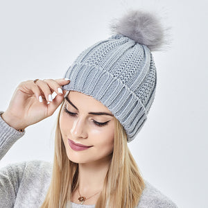 Winter Knitted Hats Fashion Stretchy Lined Skull Hats For Women Faux Fur Pom Pom Hat Keep Warming Beanie Hat