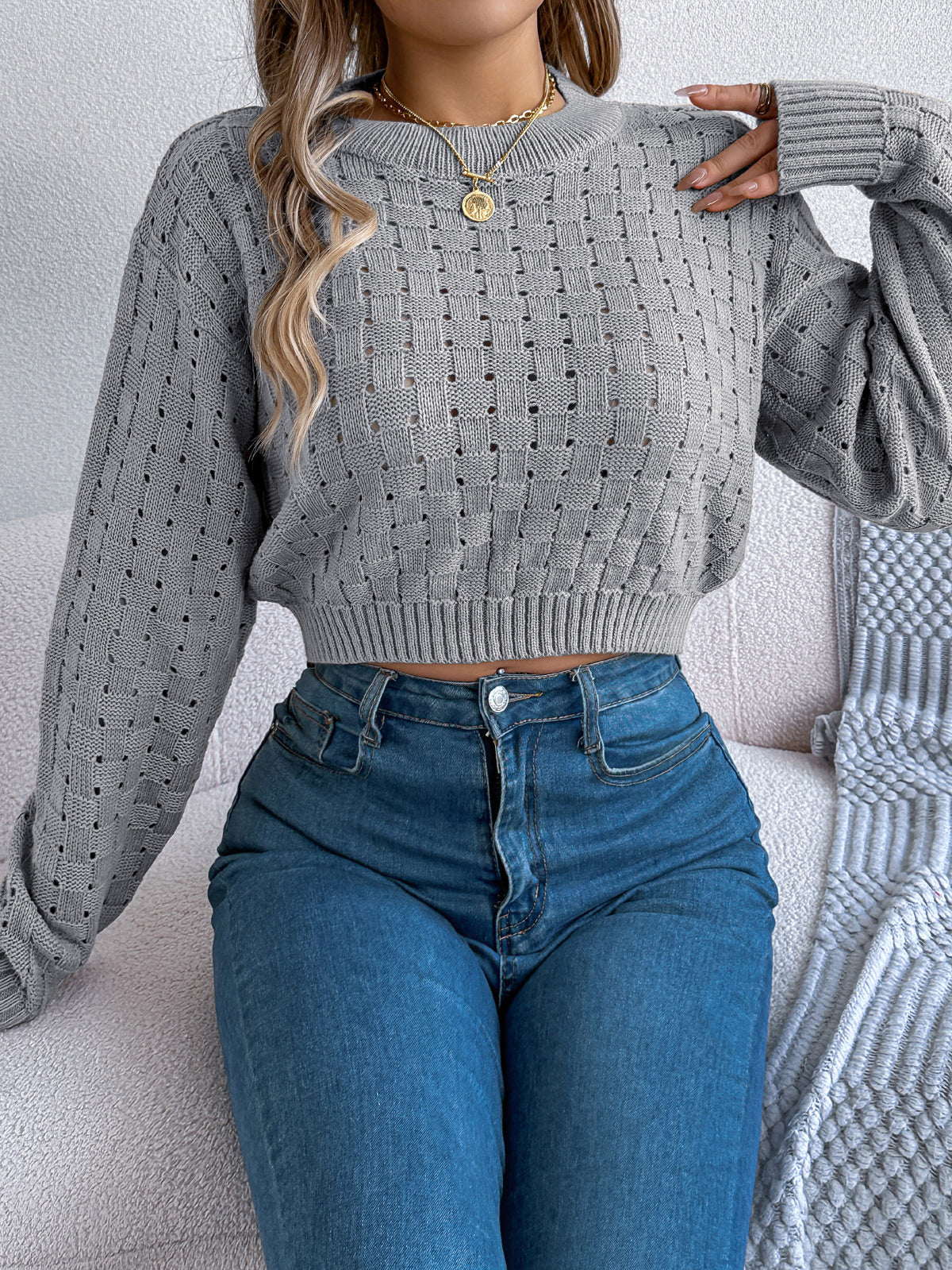 Women Sexy Backless Button Hollow Out Long Sleeve Pullover Sweater