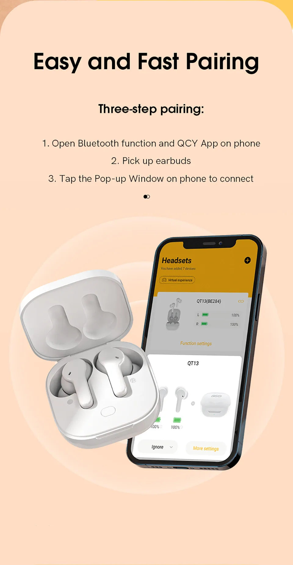 QCY T13 Bluetooth Headphone V5.1 Wireless TWS Earphone Touch Control Earbuds 4 Microphones ENC HD Call Headset Customizing APP