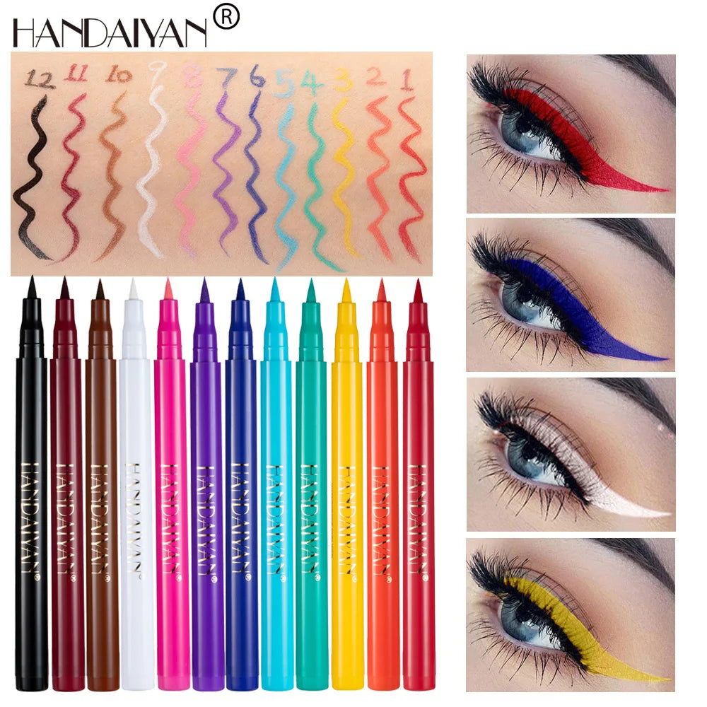 12-Piece Set Matte Colored Eyeliner Pens - Quick-Drying, Non-Smudging Liquid Eyeliner Pens