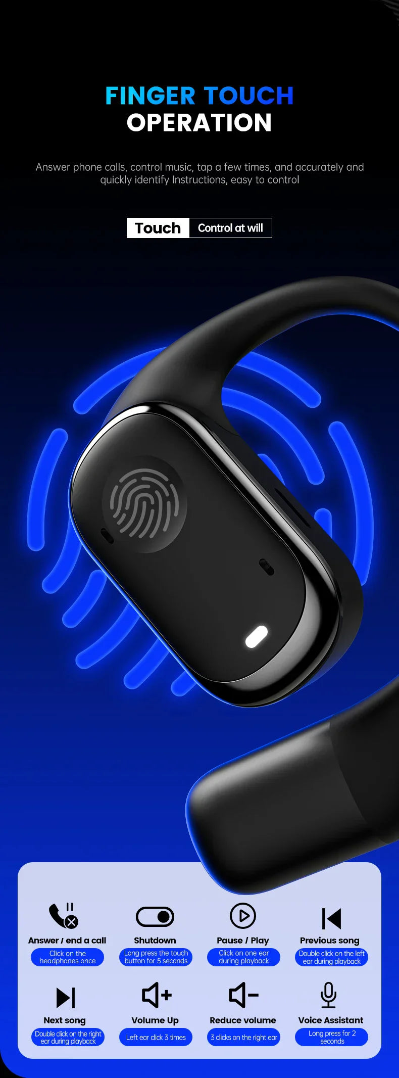 Open-Ear Headphones with Stable Comfort & Hi-Res Sound Pure Bass Boost Bluetooth 5.3 Earbuds OWS Wireless Headphones for Sports