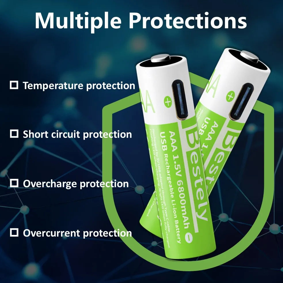 Smart Rechargeable Batteries AAA, 1.5V 6800mAh Triple A Li-ion Batteries, AAA Battery for Cameras,  Electric Toothbrush, Shavers