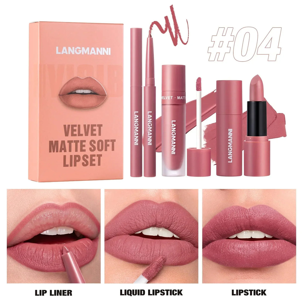 3PCS Matte Lipstick Set Nude Brown Velvet Liquid Lip Gloss Waterproof Non-stick Cup Lip Liner Plumper 24HR Lasting Not Easy Fade