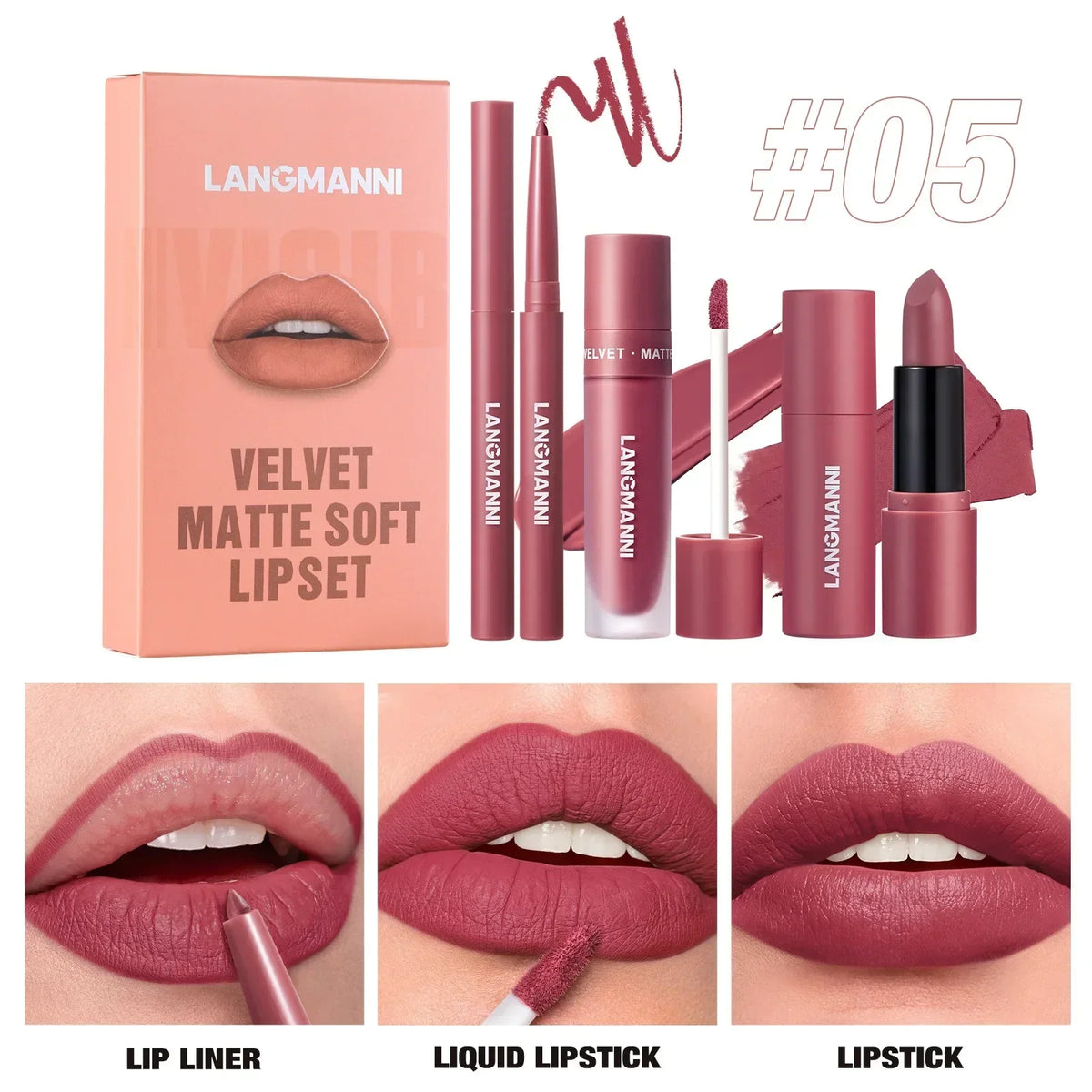 3PCS Matte Lipstick Set Nude Brown Velvet Liquid Lip Gloss Waterproof Non-stick Cup Lip Liner Plumper 24HR Lasting Not Easy Fade