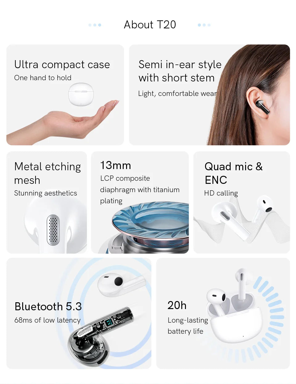 NEW QCY T20 Bluetooth 5.3 TWS Wireless Earphones 68ms Low Latency Earbuds 13mm Driver HIFI Headphones 4 Mics+ENC HD Call