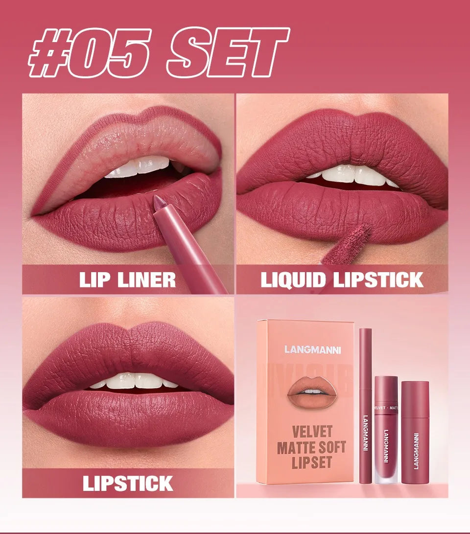3PCS Matte Lipstick Set Nude Brown Velvet Liquid Lip Gloss Waterproof Non-stick Cup Lip Liner Plumper 24HR Lasting Not Easy Fade