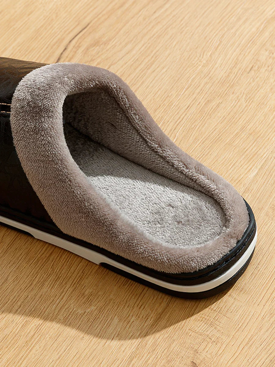 Mens Winter Slippers PU Leather Waterproof Indoor House Shoes Big Size Warm Fur Lined Home Bedroom Slippers