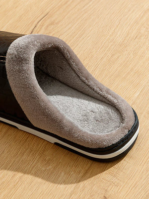 Mens Winter Slippers PU Leather Waterproof Indoor House Shoes Big Size Warm Fur Lined Home Bedroom Slippers