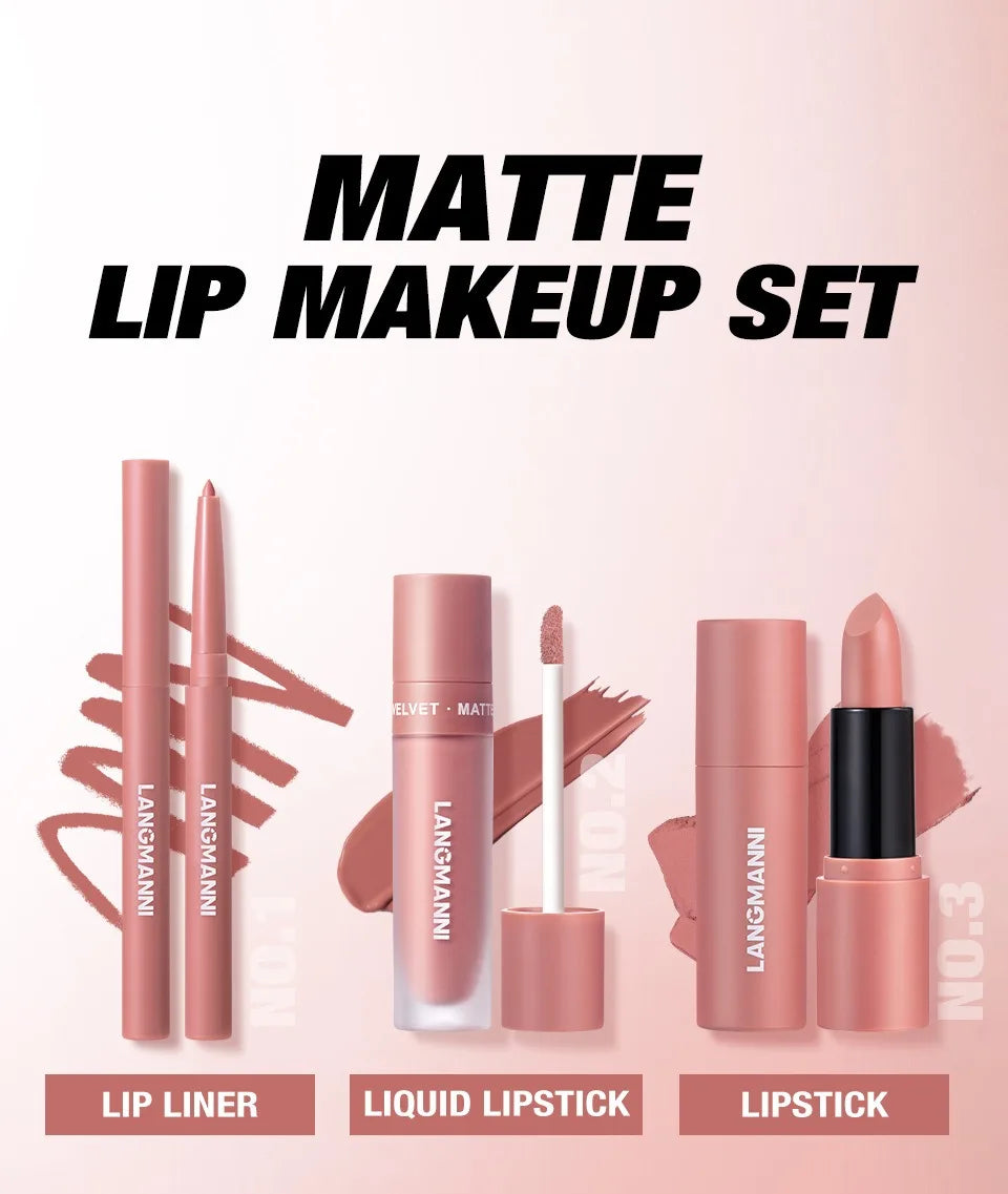 3PCS Matte Lipstick Set Nude Brown Velvet Liquid Lip Gloss Waterproof Non-stick Cup Lip Liner Plumper 24HR Lasting Not Easy Fade