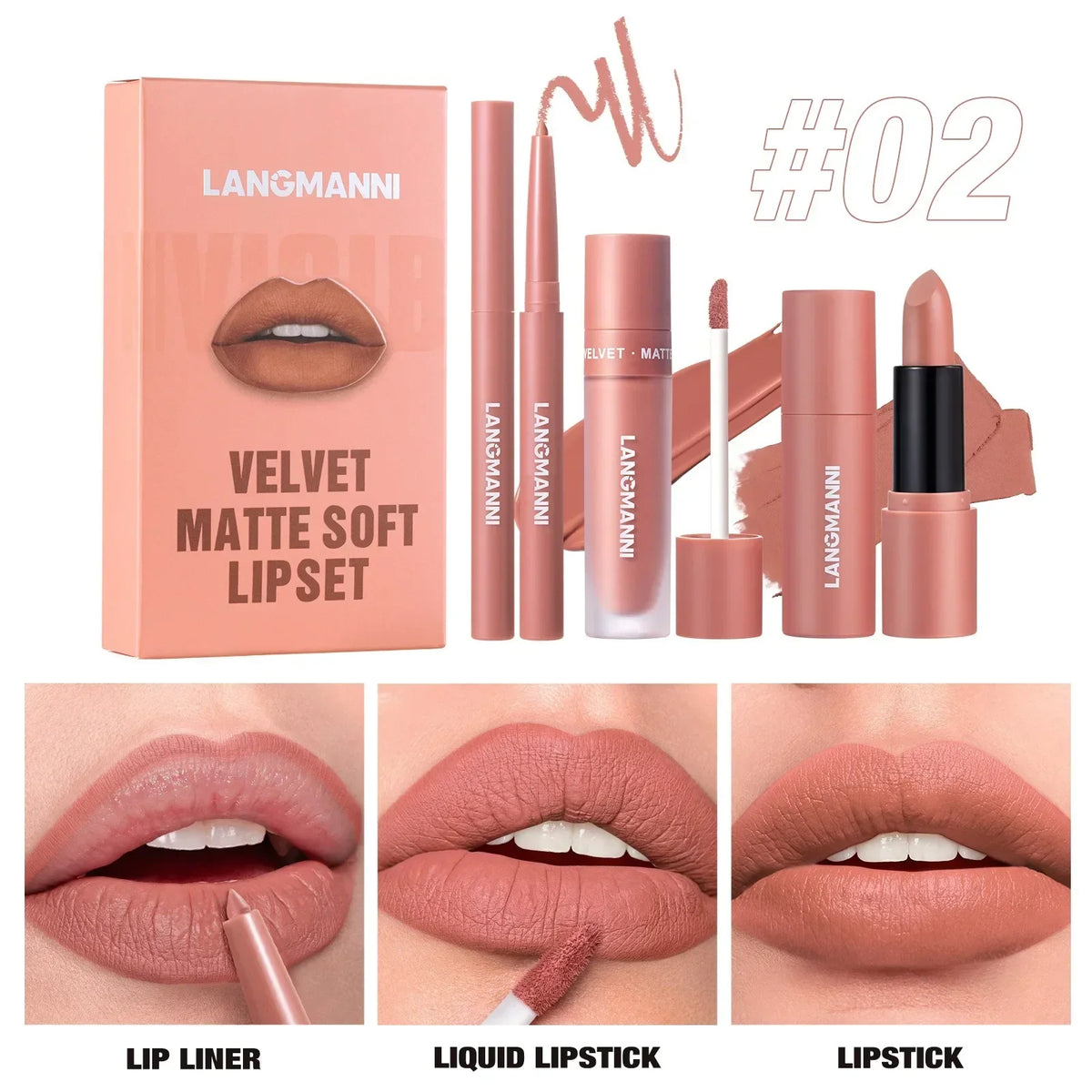 3PCS Matte Lipstick Set Nude Brown Velvet Liquid Lip Gloss Waterproof Non-stick Cup Lip Liner Plumper 24HR Lasting Not Easy Fade