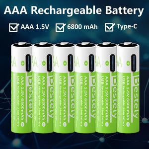 Smart Rechargeable Batteries AAA, 1.5V 6800mAh Triple A Li-ion Batteries, AAA Battery for Cameras,  Electric Toothbrush, Shavers