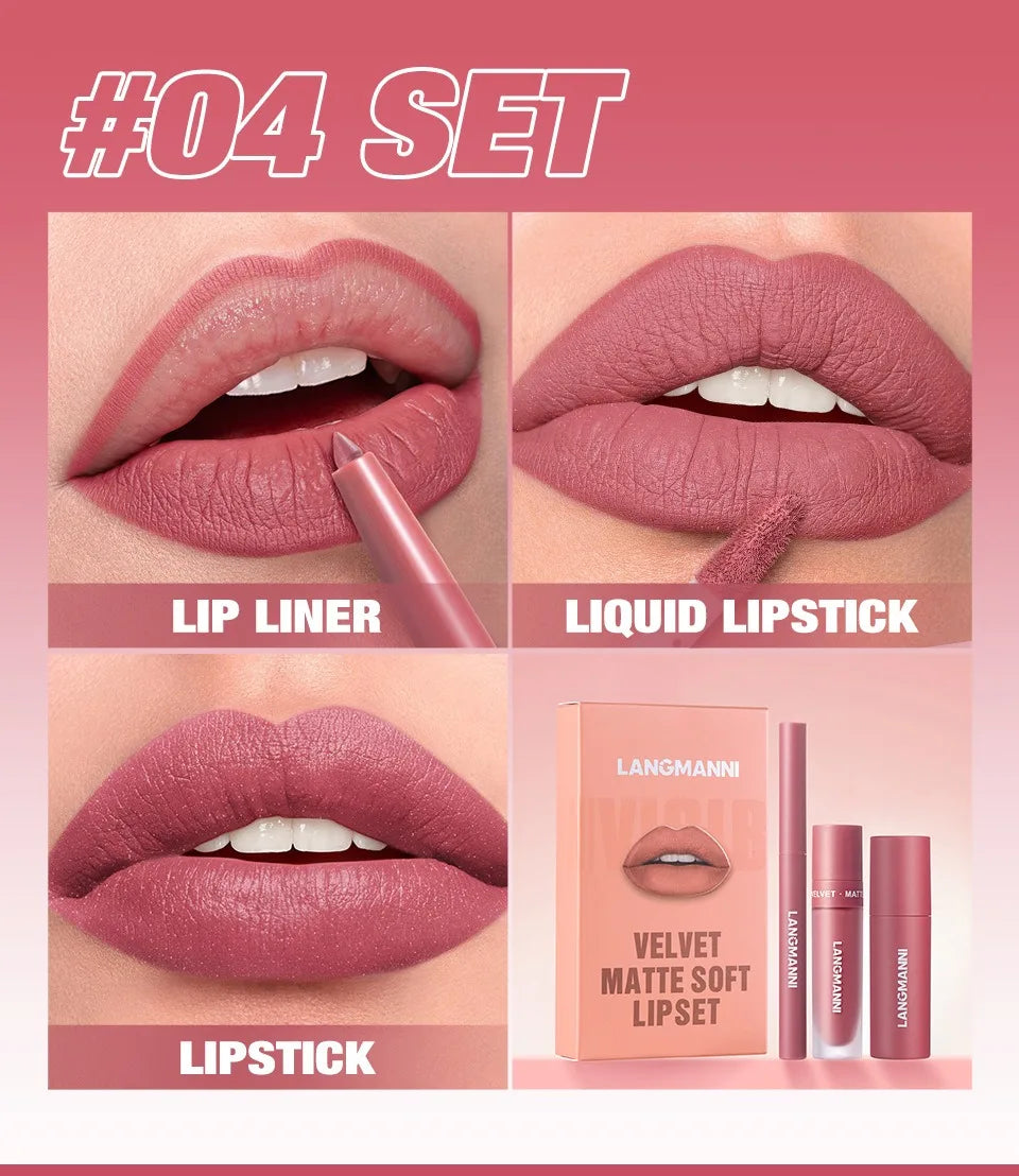 3PCS Matte Lipstick Set Nude Brown Velvet Liquid Lip Gloss Waterproof Non-stick Cup Lip Liner Plumper 24HR Lasting Not Easy Fade