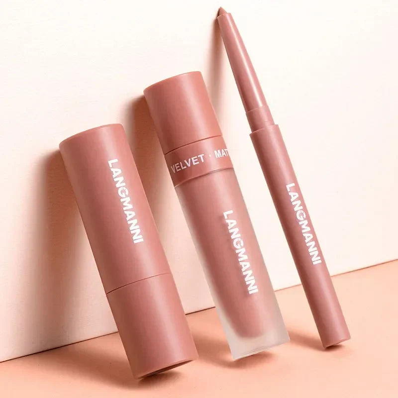 3PCS Matte Lipstick Set Nude Brown Velvet Liquid Lip Gloss Waterproof Non-stick Cup Lip Liner Plumper 24HR Lasting Not Easy Fade