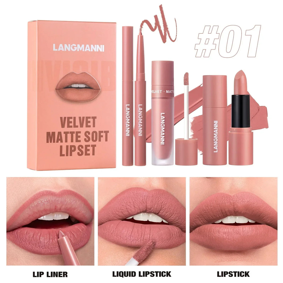 3PCS Matte Lipstick Set Nude Brown Velvet Liquid Lip Gloss Waterproof Non-stick Cup Lip Liner Plumper 24HR Lasting Not Easy Fade