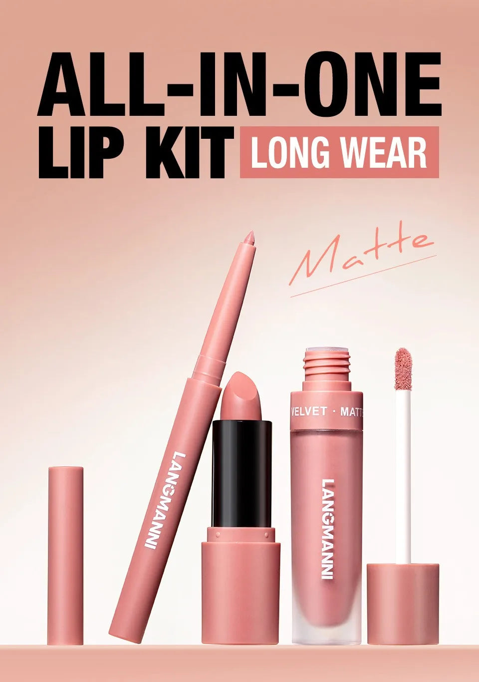 3PCS Matte Lipstick Set Nude Brown Velvet Liquid Lip Gloss Waterproof Non-stick Cup Lip Liner Plumper 24HR Lasting Not Easy Fade