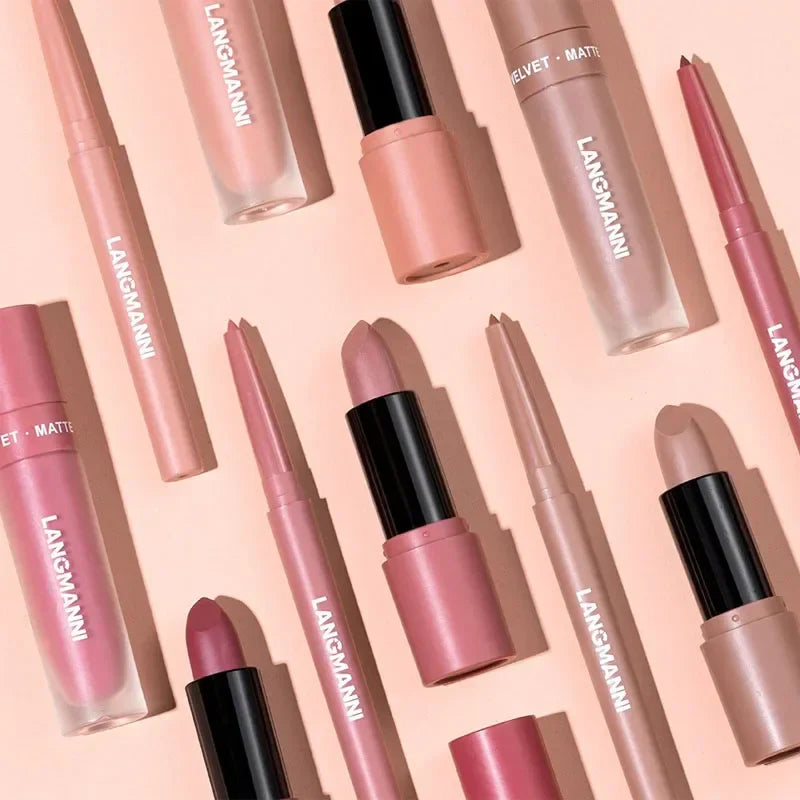 3PCS Matte Lipstick Set Nude Brown Velvet Liquid Lip Gloss Waterproof Non-stick Cup Lip Liner Plumper 24HR Lasting Not Easy Fade