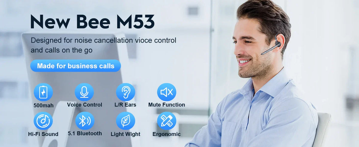 New Bee M53 Bluetooth Headset Wireless Headphone Dual-Mic Mute Noise Cancelling Earpiece Handsfree Earphones for Driver Office