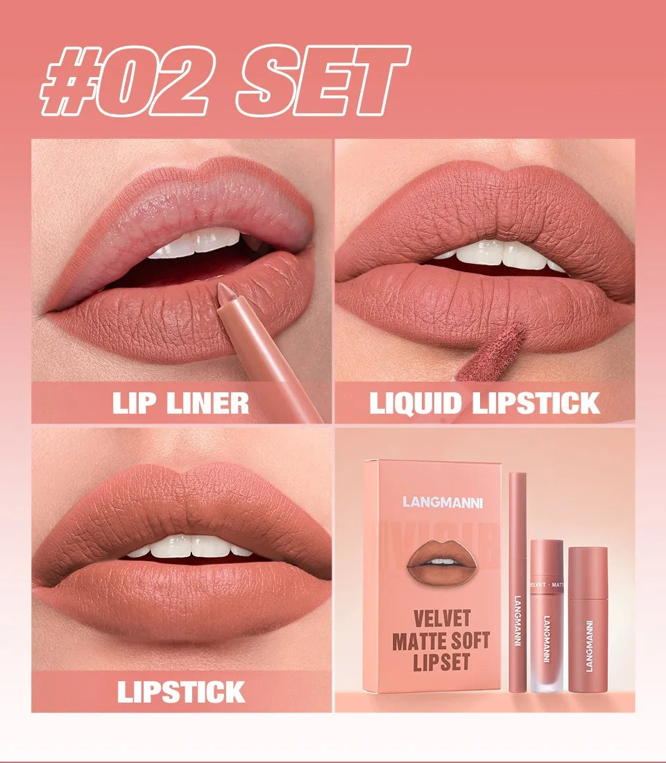 3PCS Matte Lipstick Set Nude Brown Velvet Liquid Lip Gloss Waterproof Non-stick Cup Lip Liner Plumper 24HR Lasting Not Easy Fade