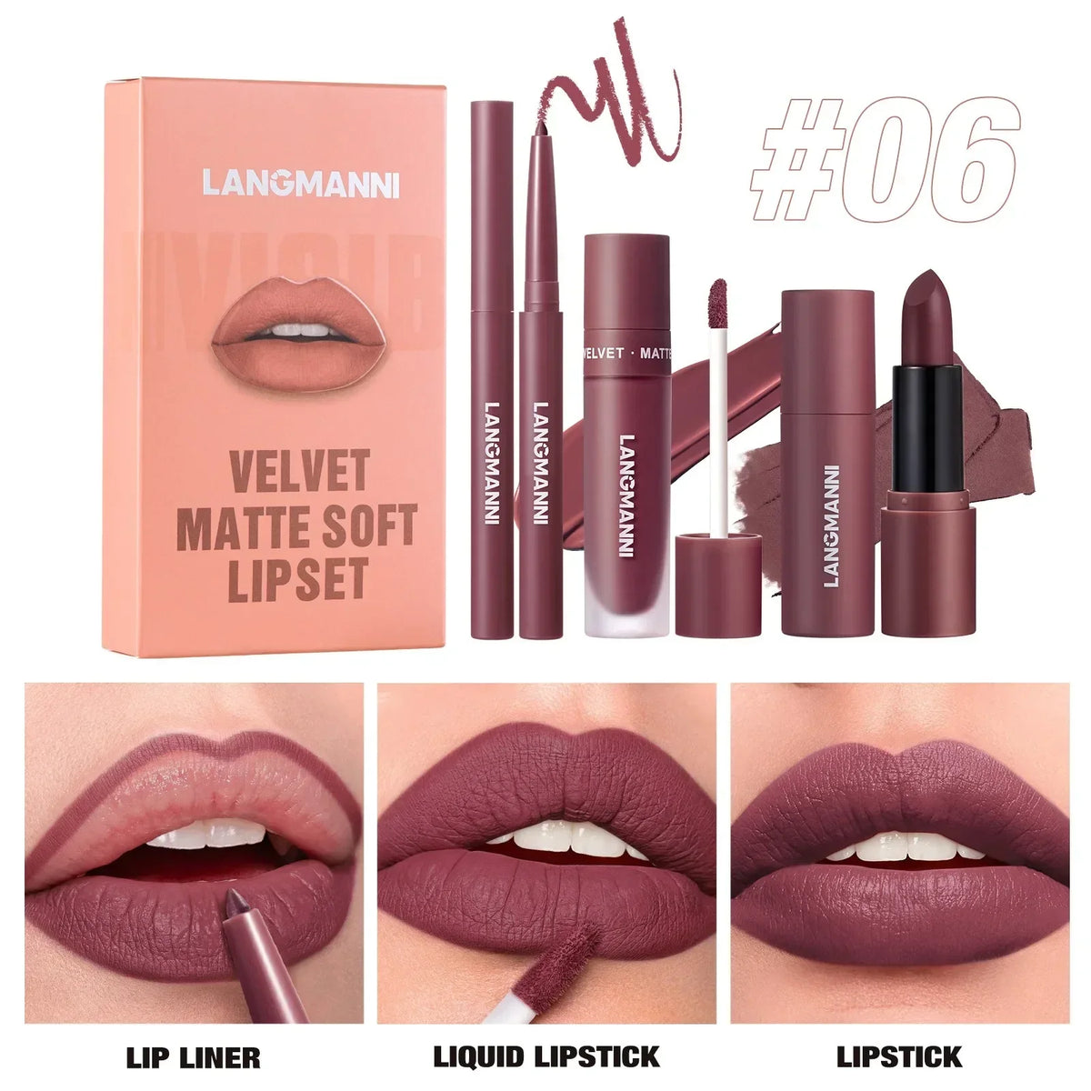 3PCS Matte Lipstick Set Nude Brown Velvet Liquid Lip Gloss Waterproof Non-stick Cup Lip Liner Plumper 24HR Lasting Not Easy Fade