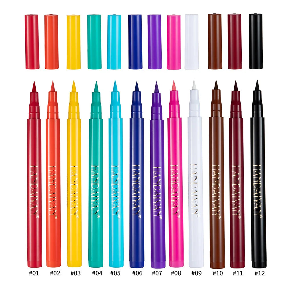 12-Piece Set Matte Colored Eyeliner Pens - Quick-Drying, Non-Smudging Liquid Eyeliner Pens