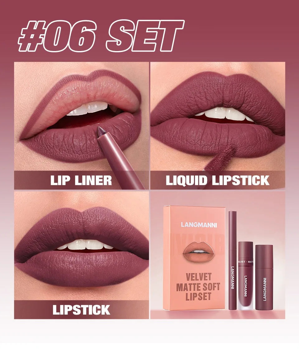 3PCS Matte Lipstick Set Nude Brown Velvet Liquid Lip Gloss Waterproof Non-stick Cup Lip Liner Plumper 24HR Lasting Not Easy Fade