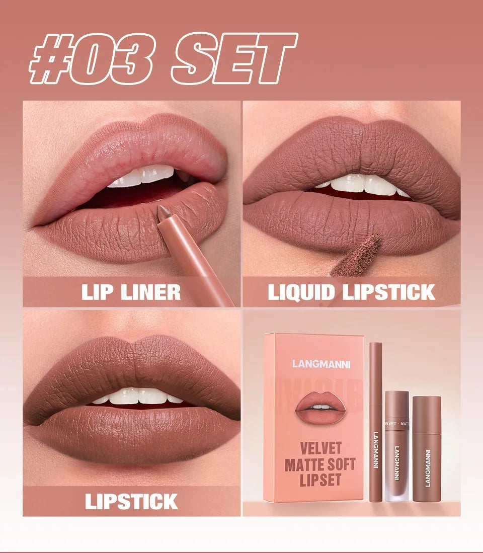 3PCS Matte Lipstick Set Nude Brown Velvet Liquid Lip Gloss Waterproof Non-stick Cup Lip Liner Plumper 24HR Lasting Not Easy Fade