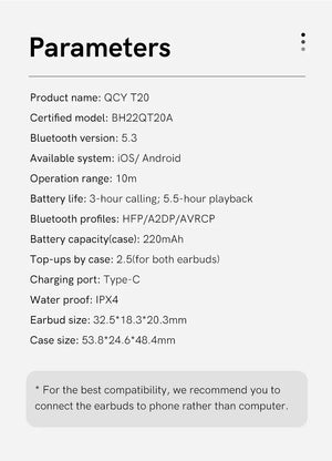 NEW QCY T20 Bluetooth 5.3 TWS Wireless Earphones 68ms Low Latency Earbuds 13mm Driver HIFI Headphones 4 Mics+ENC HD Call
