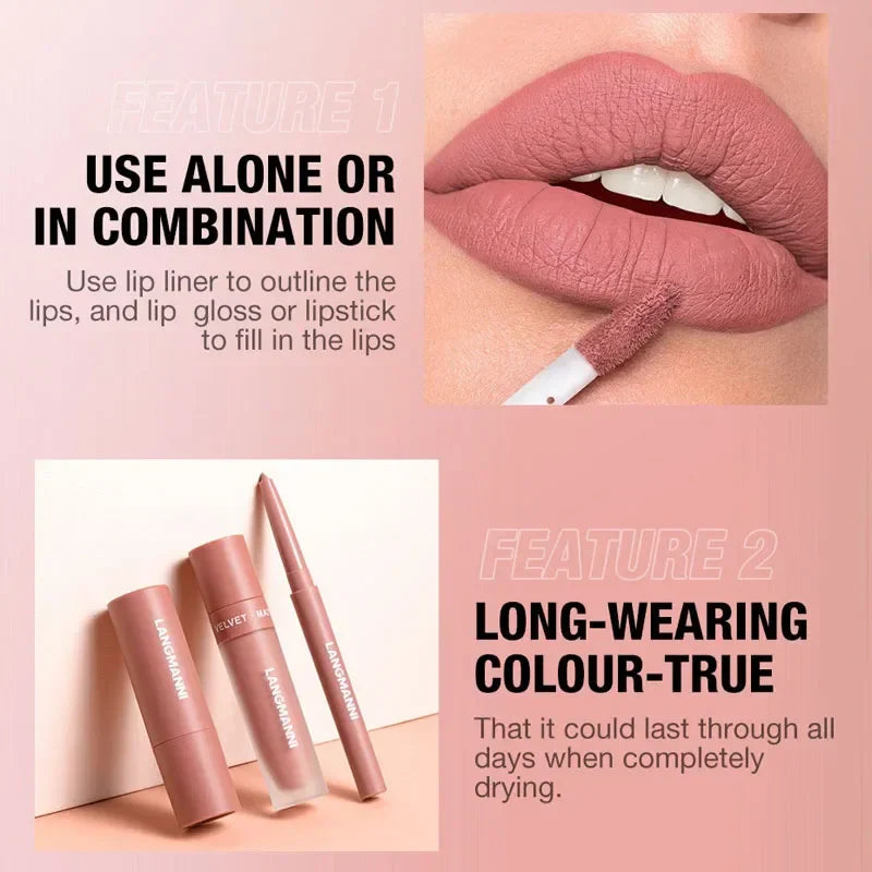 3PCS Matte Lipstick Set Nude Brown Velvet Liquid Lip Gloss Waterproof Non-stick Cup Lip Liner Plumper 24HR Lasting Not Easy Fade